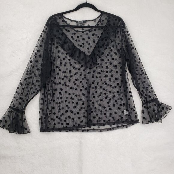 Ups & Downs Blouse Women 2X Black Sheer Polka Dot Mesh Ruffle Dark Coquette - Picture 2 of 9